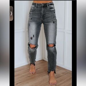 Risen grey wash distressed straight leg jean w shark bite hem1X